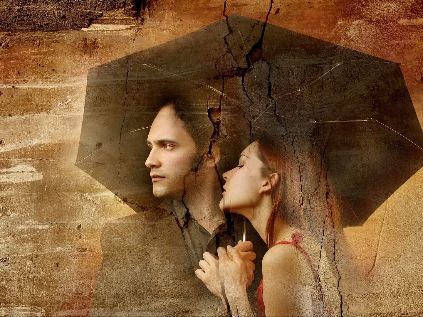 A man and woman stand close together under a black umbrella, with a textured, cracked background blending into the image, symbolizing resilience and understanding in learning how to avoid divorce.