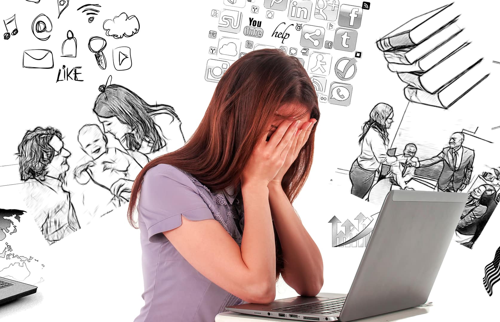 A woman sits at a laptop with her face in her hands, surrounded by illustrations representing work, social media, family, and stress, capturing the struggles working moms face as they battle marriage burnout and strive to revive romance.