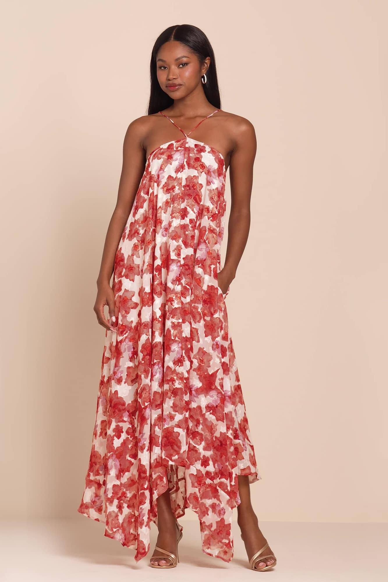dezzi blush multi floral halter shift maxi dress Lulus Dezzi Blush Multi Floral Halter Shift Maxi Dress in Pink
