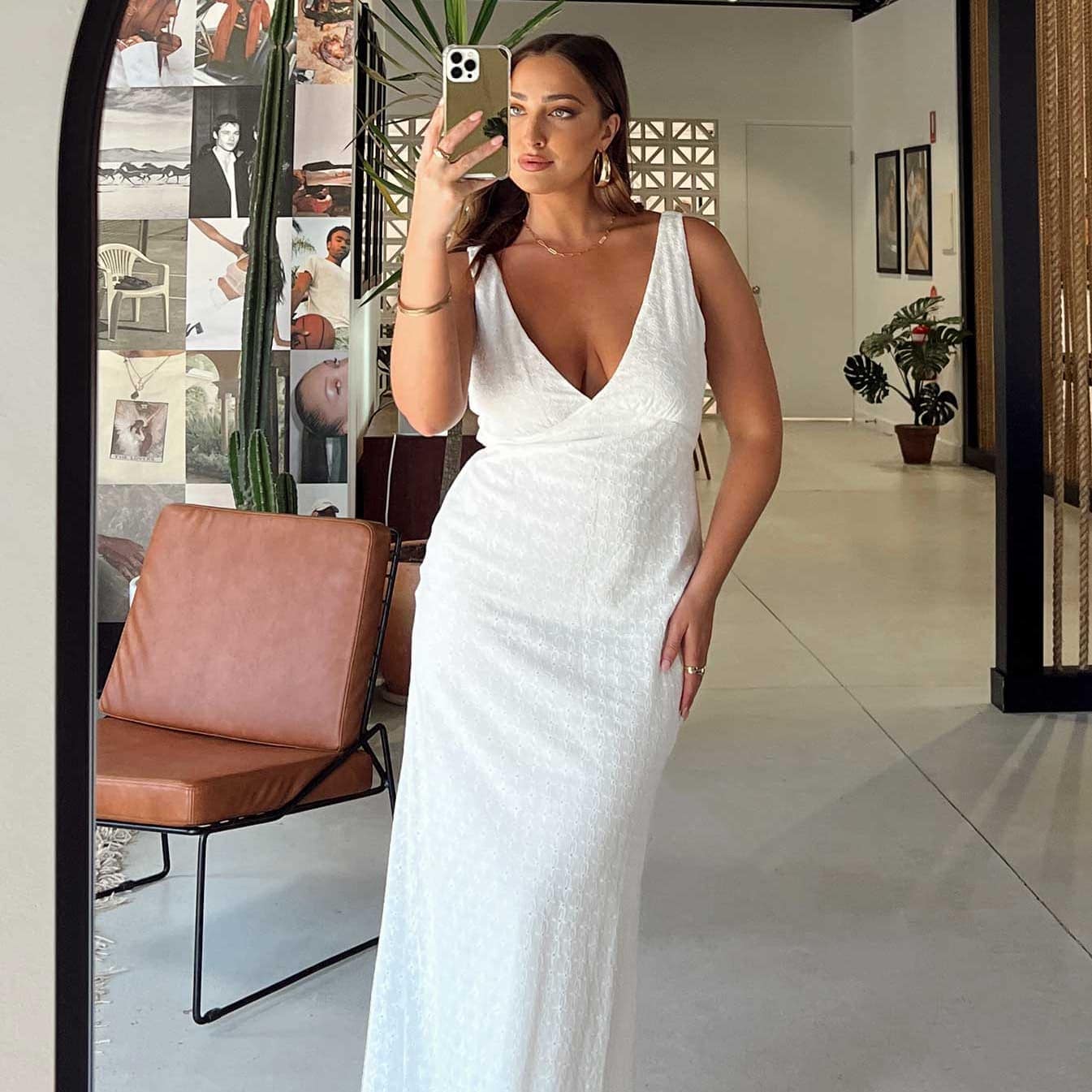 Woman in a white maxi dress during summer