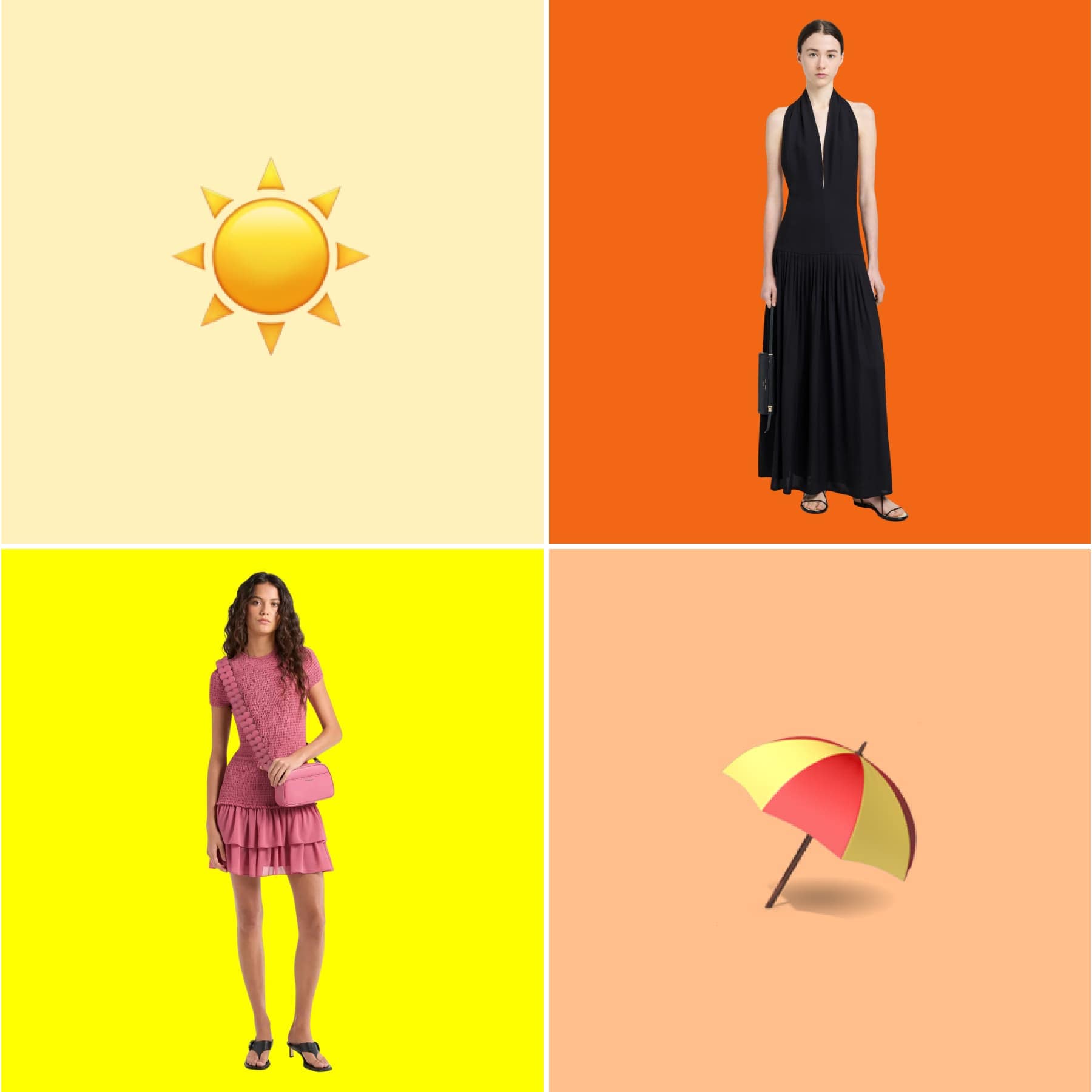 Grid collage of summer dresses and summer-related emojis