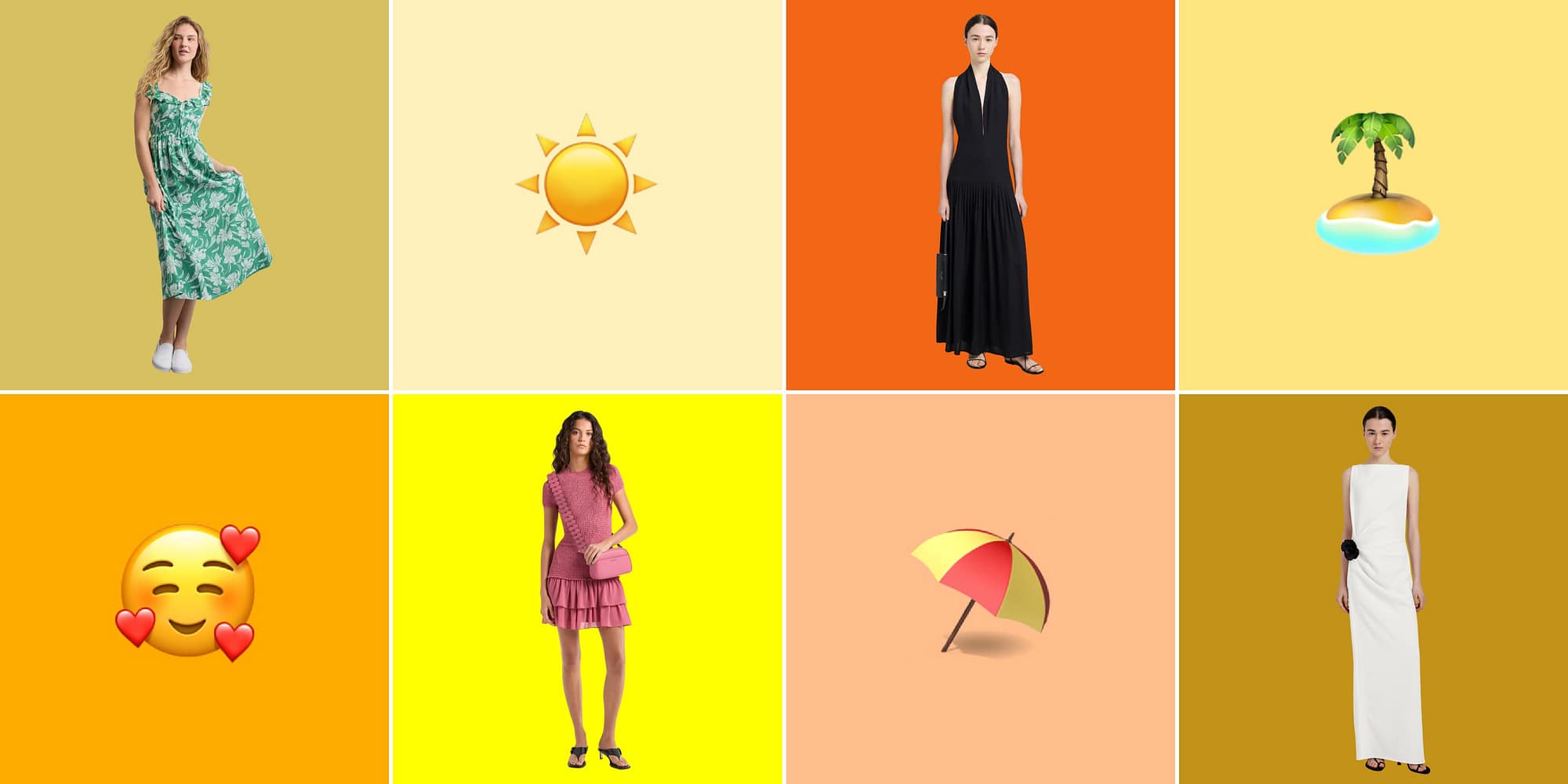 Grid collage of summer dresses and summer-related emojis