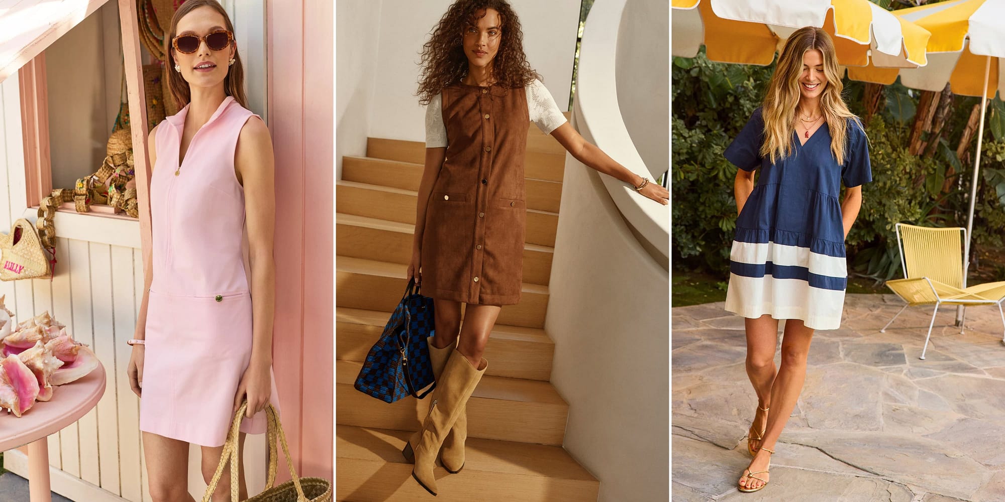 Collage of three women in shift dresses