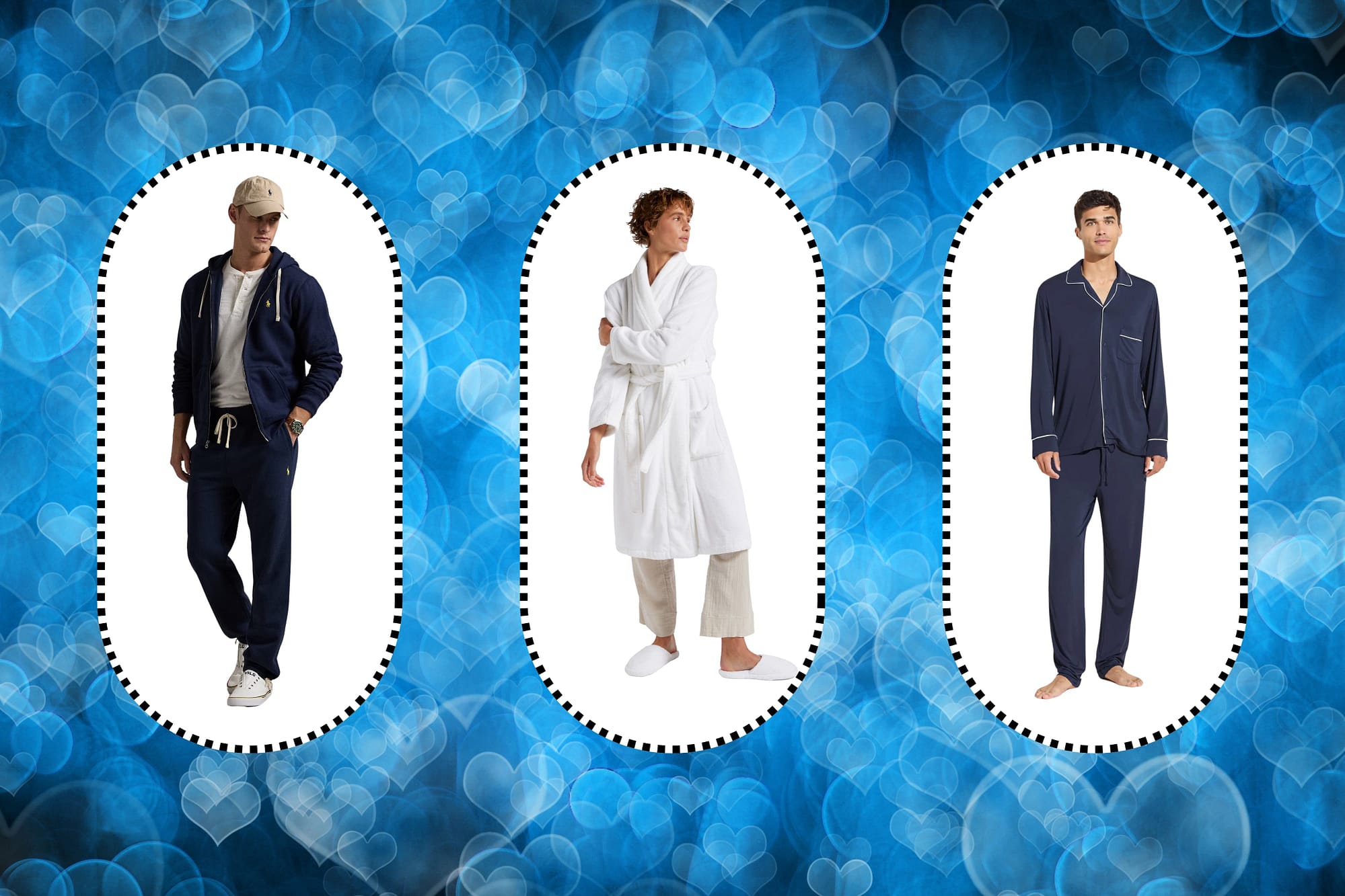 Three male models each wearing a hoodie, a bathrobe and a pajamas on a heart-patterned blue background—showcasing them as among the best Valentine's Day gifts for him