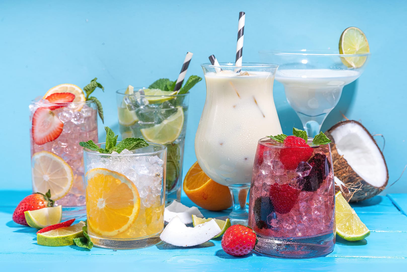 Six glasses of summer mocktail drinks