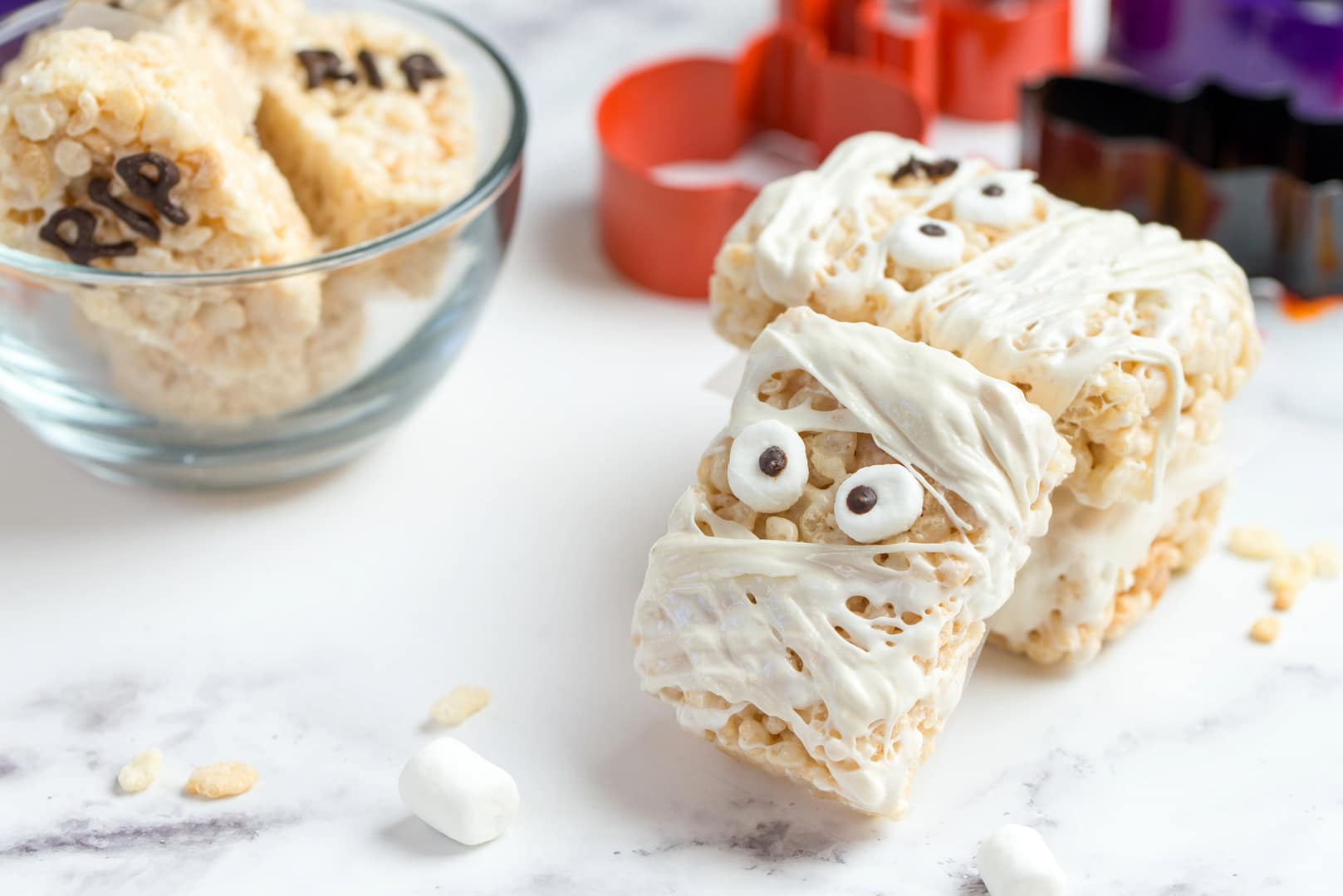 Halloween theme homemade marshmallow crispy rice treat in bar form