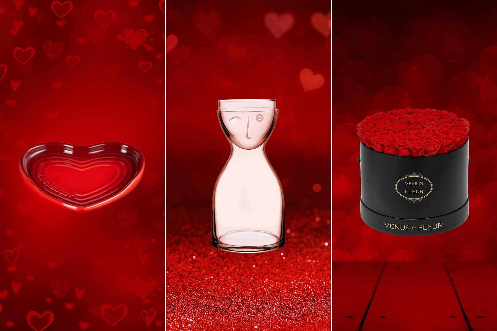 A heart-shaped dish, an hourglass watter bottle with a smiling face bottle cup, and a box of red roses against a red background adorned with heart designs—these are truly among the best Valentine's Day gifts for her