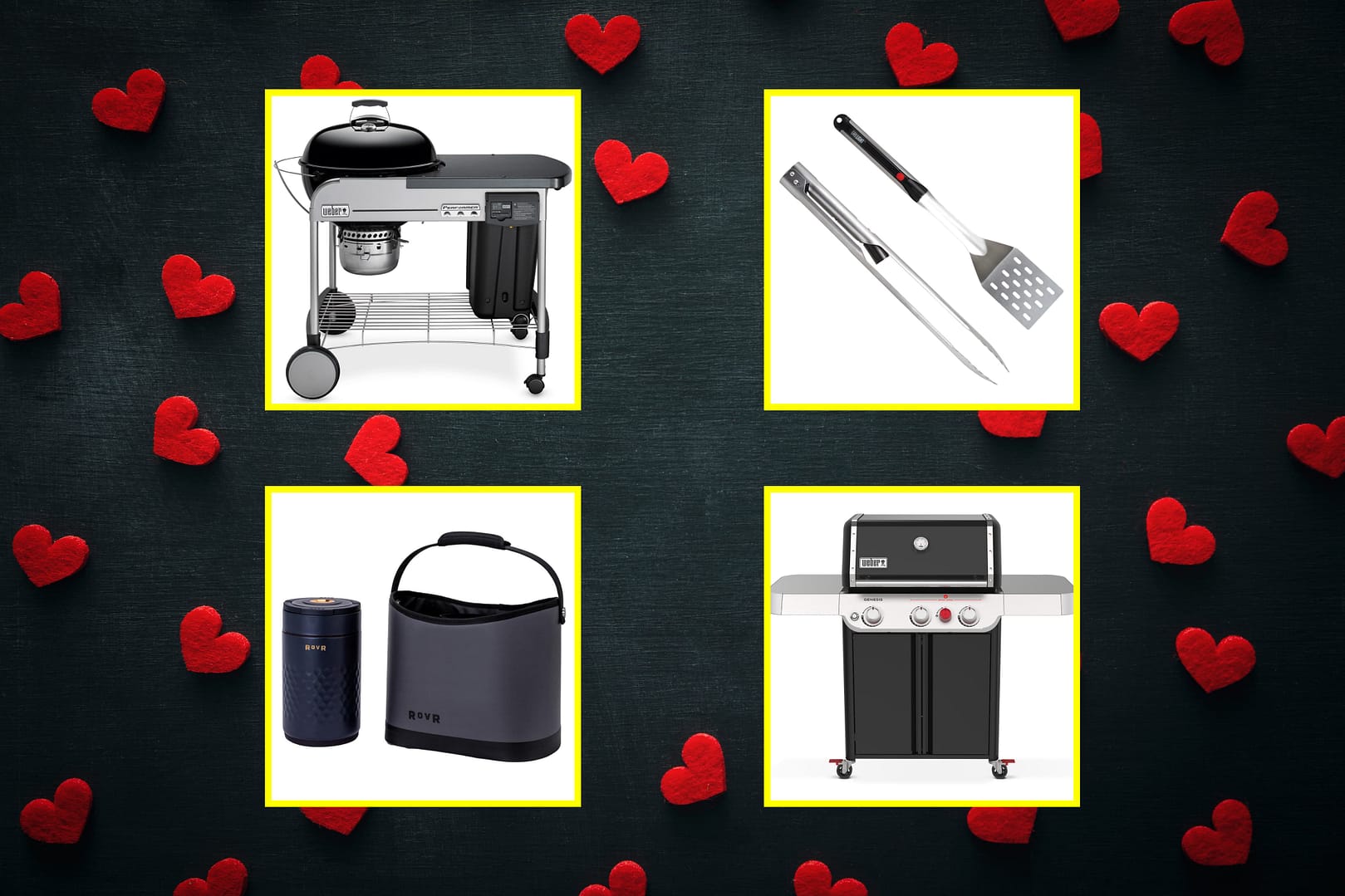 Collage of grilling tools and devices against a black background with red hearts, perfect for showcasing the best Valentine’s Day gifts for him. Includes a grill, utensils, a portable cooler, and a barbecue cart