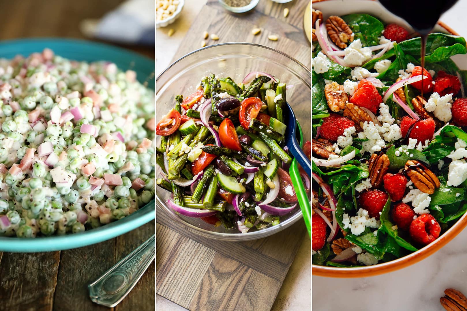 Spring salads consist of Pea Salad, Grilled Asparagus Salad, and Spinach Salad