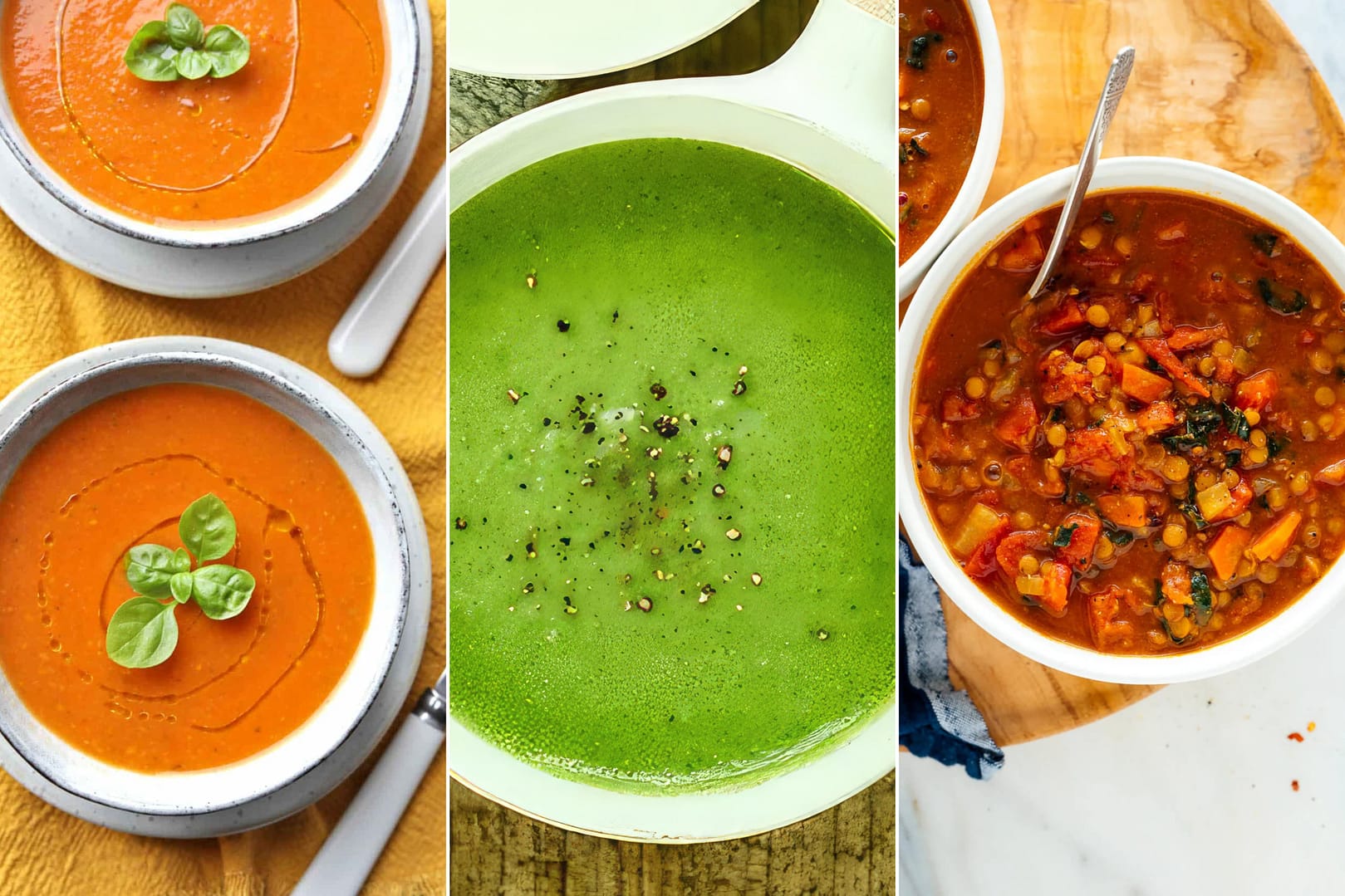 Spring soups consist of Courgette Tomato and Basil Soup, Creamy Leek & Bean Soup, and Lentil Soup
