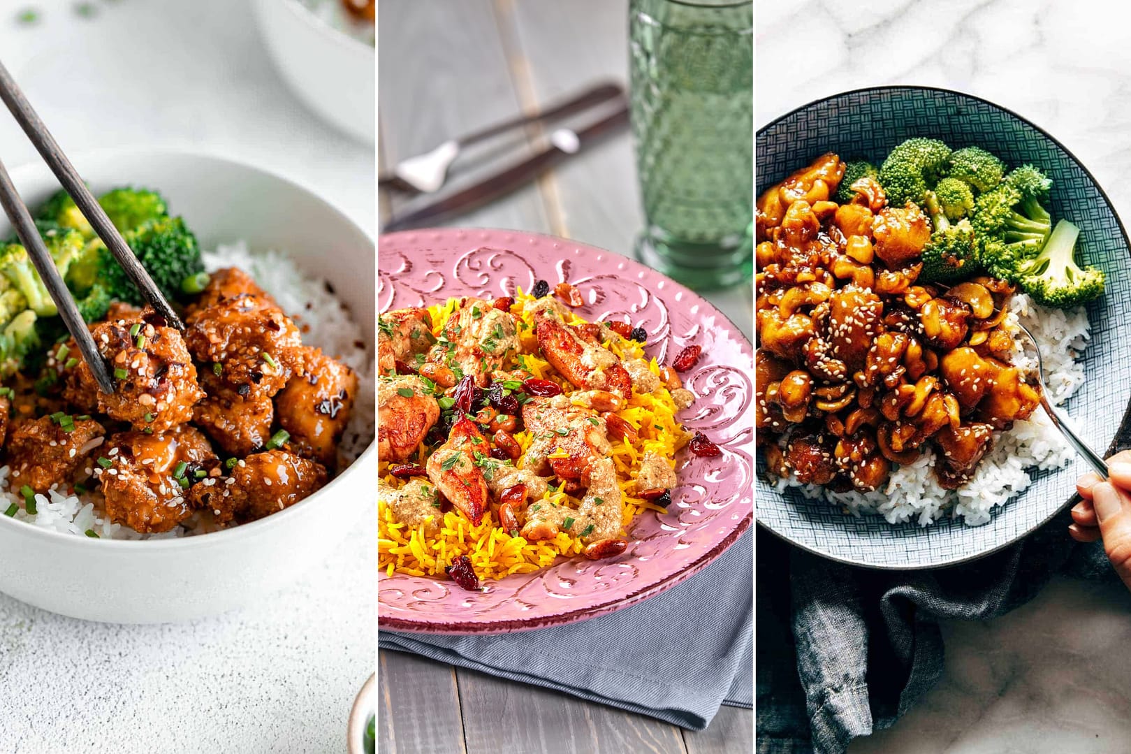 Chicken dinners consist of Air Fryer Orange Chicken, Chicken Biryani, and Cashew Chicken