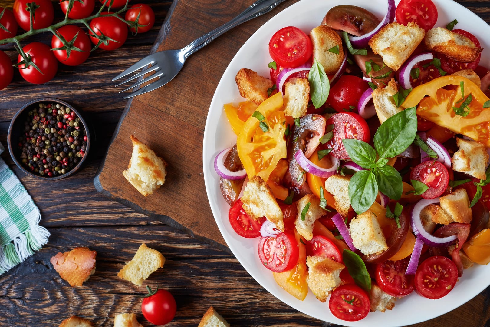 Fresh italian summer salad panzanella, close-up