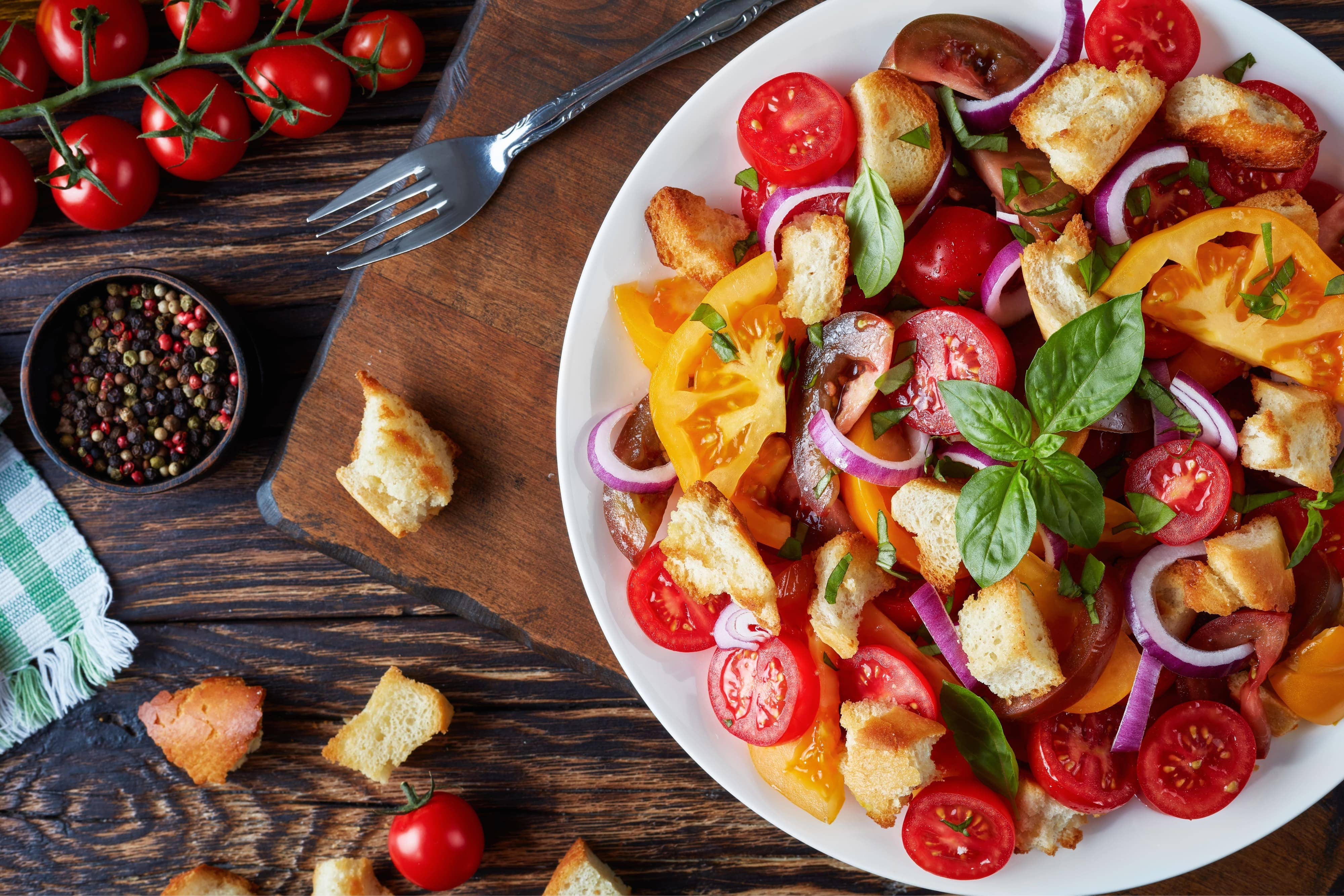 Fresh italian summer salad panzanella, close-up