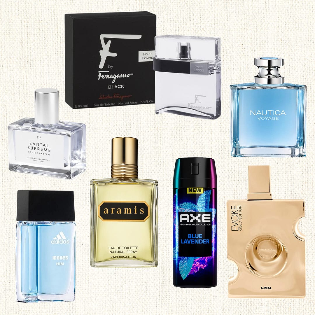 Several men's fragrance bottles, featuring best cheap cologne picks from brands like Aramis, Nautica, Adidas, Axe, and Ferragamo, arranged on a light textured background