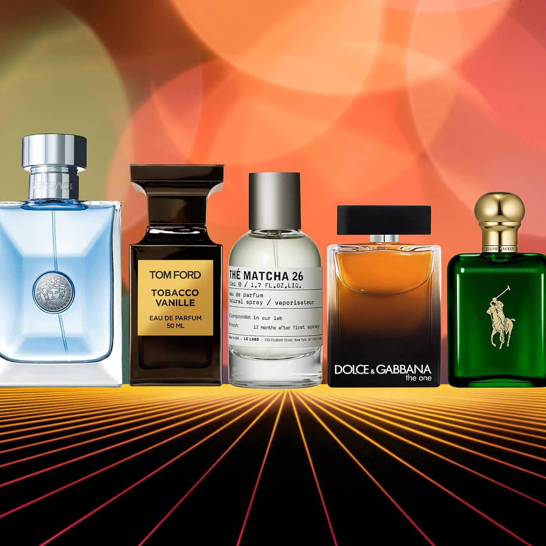 Seven bottles of the Best Colognes for Men from various brands are displayed in a row against a colorful, abstract background with vibrant light streaks