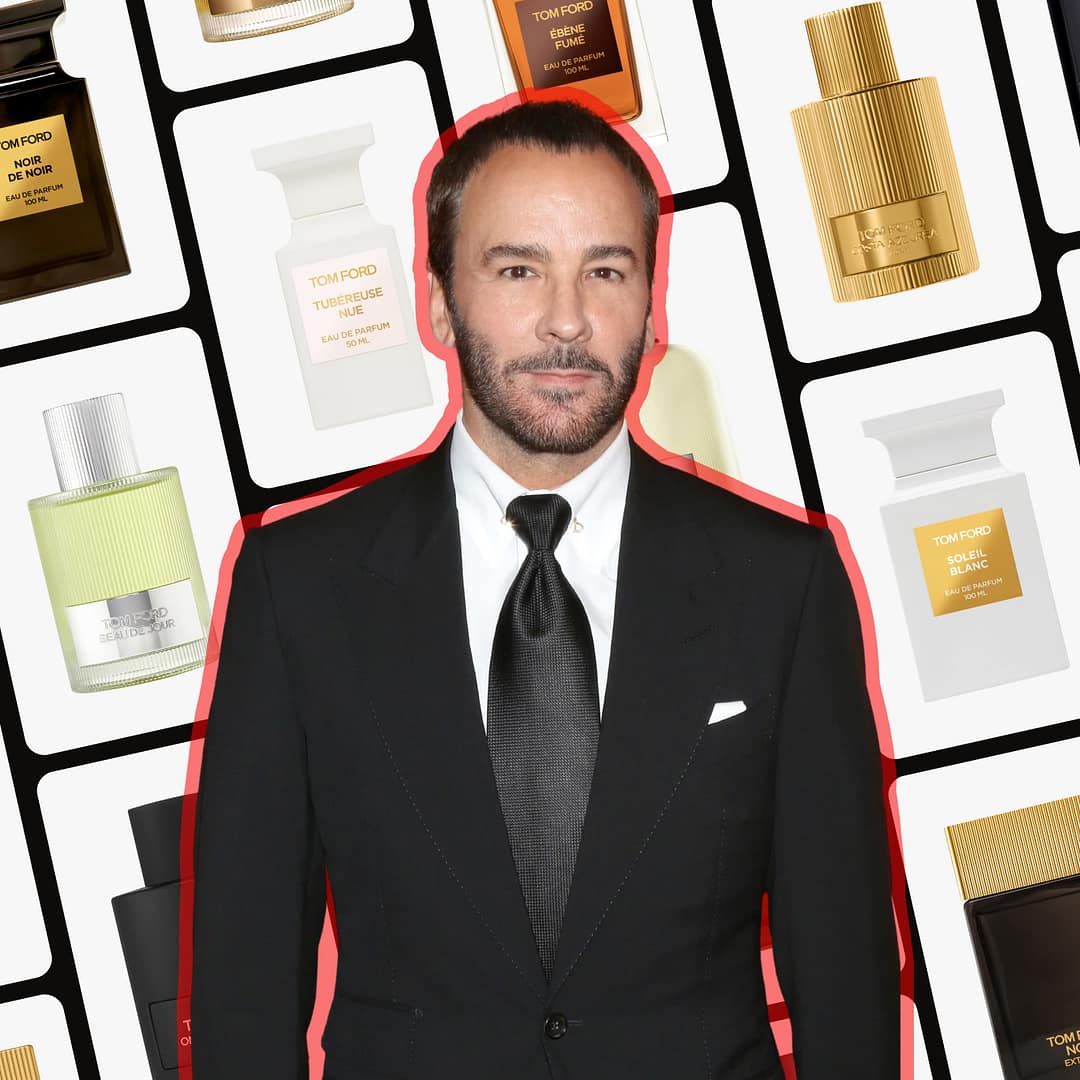 Tom Ford in a suit stands in front of a background featuring an array of the best Tom Ford colognes bottles
