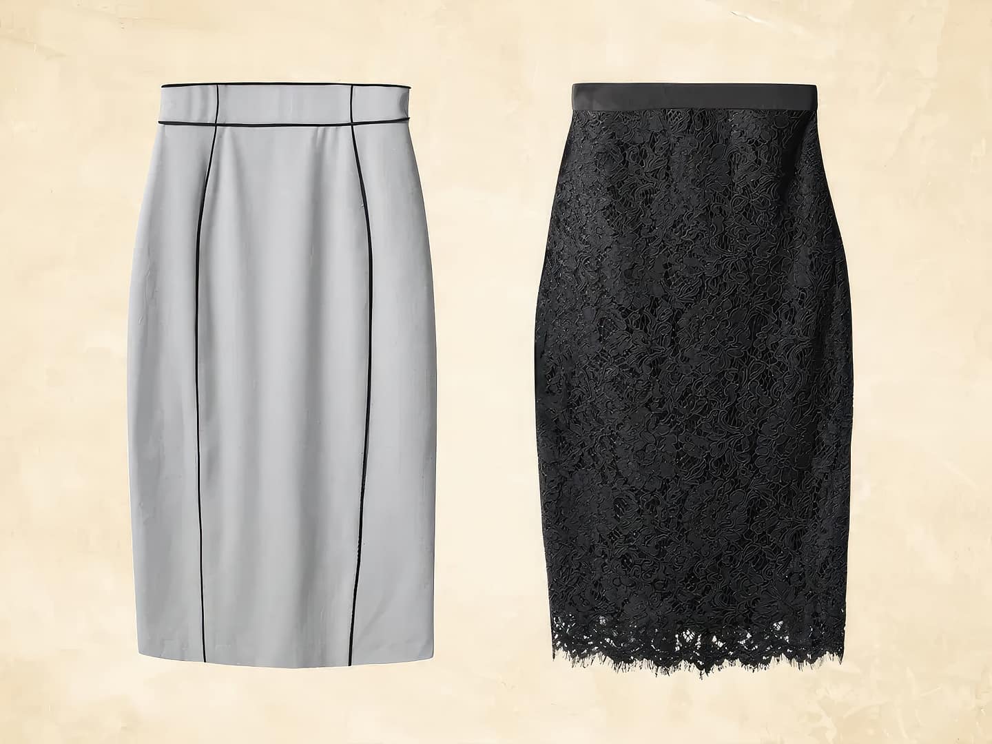 Two knee-length pencil skirts, one white with black piping and a high waist, and the other black, featuring lace detail. Both skirts have a fitted design and are displayed against a beige background