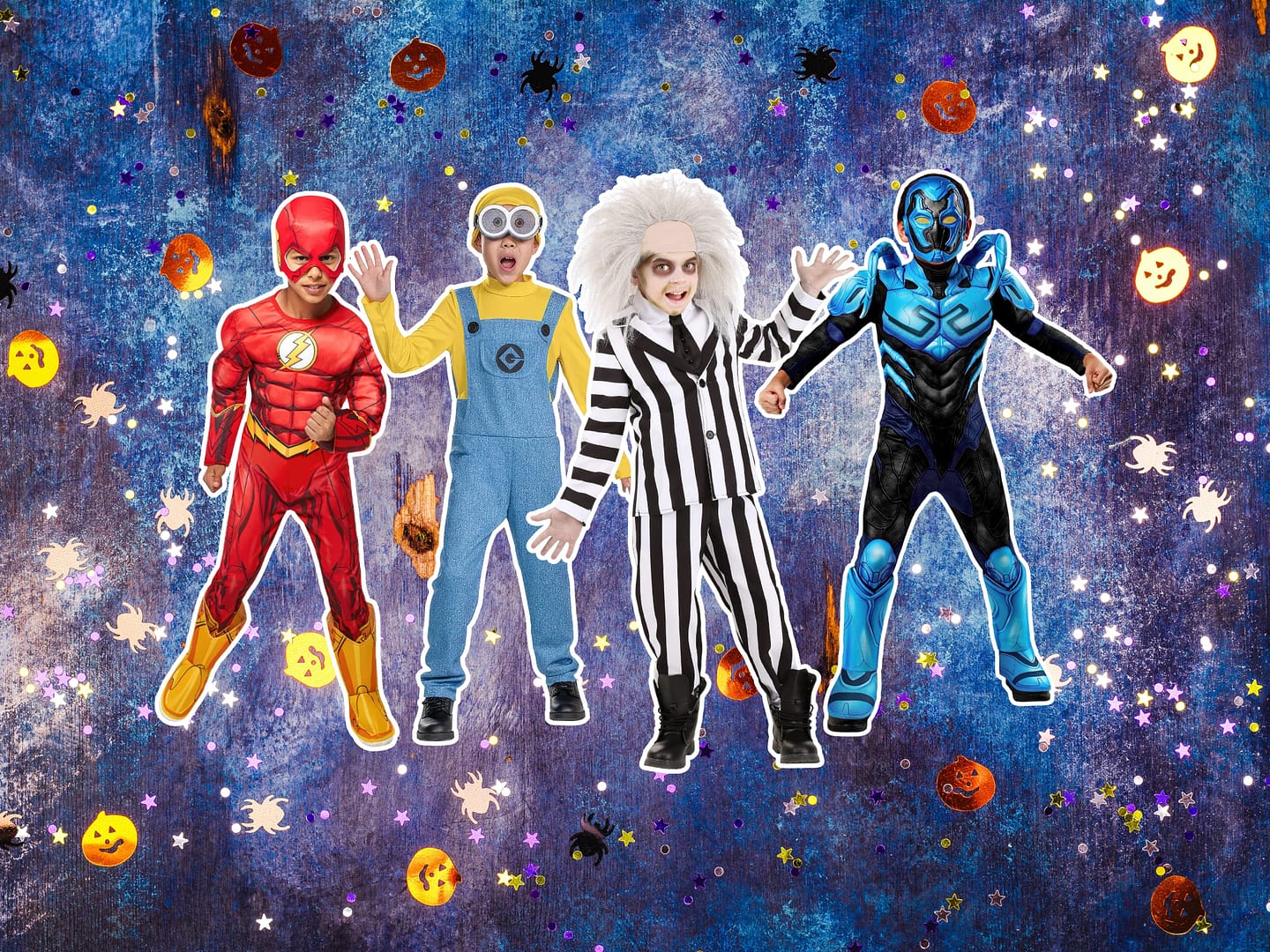 Four children in different costumes pose against a festive, galaxy-themed background with Halloween decorations. The best Halloween costumes for kids include a superhero, a minion, a striped ghoul, and a futuristic warrior