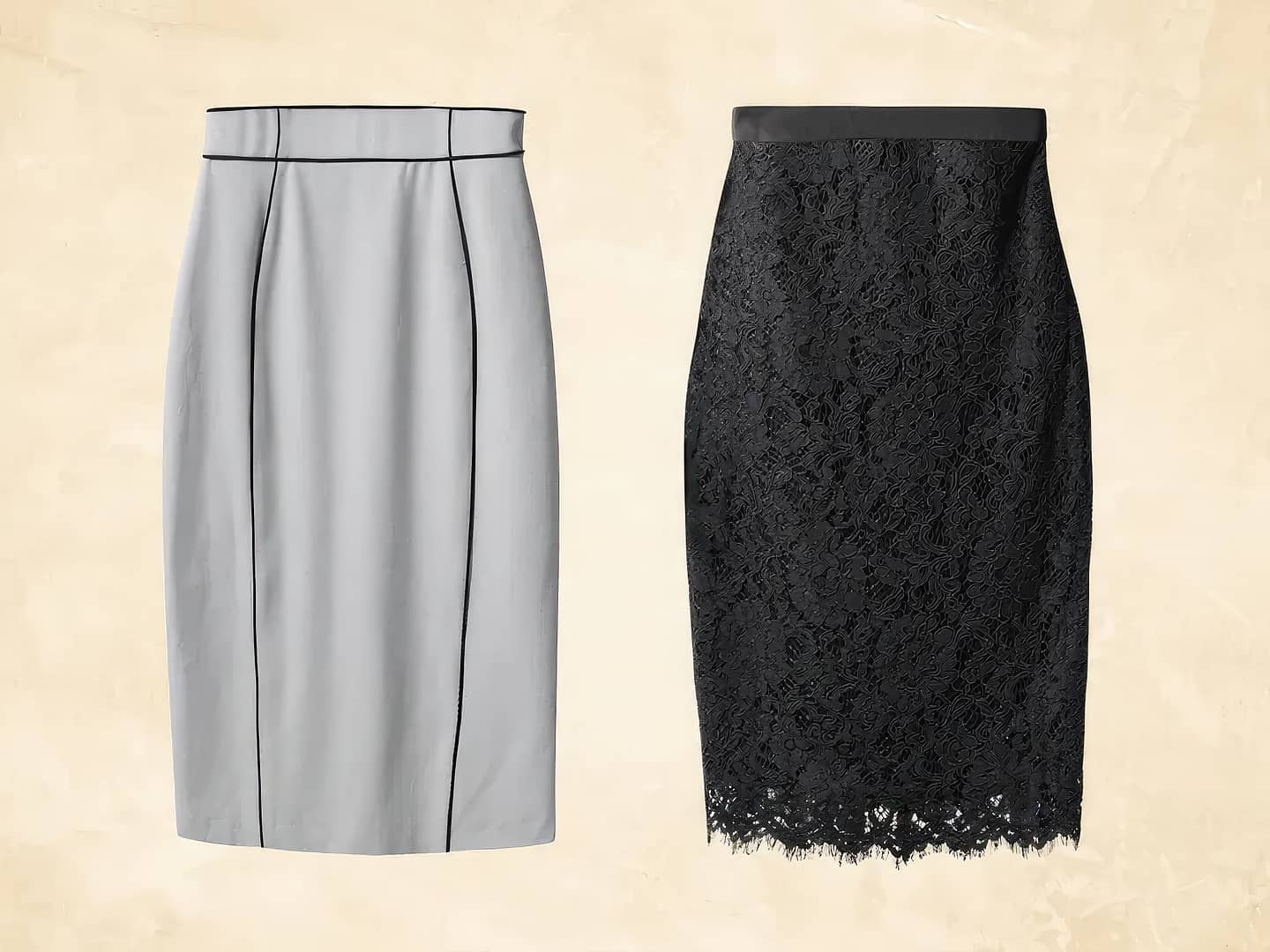 Two knee-length pencil skirts, one white with black piping and a high waist, and the other black, featuring lace detail. Both skirts have a fitted design and are displayed against a beige background