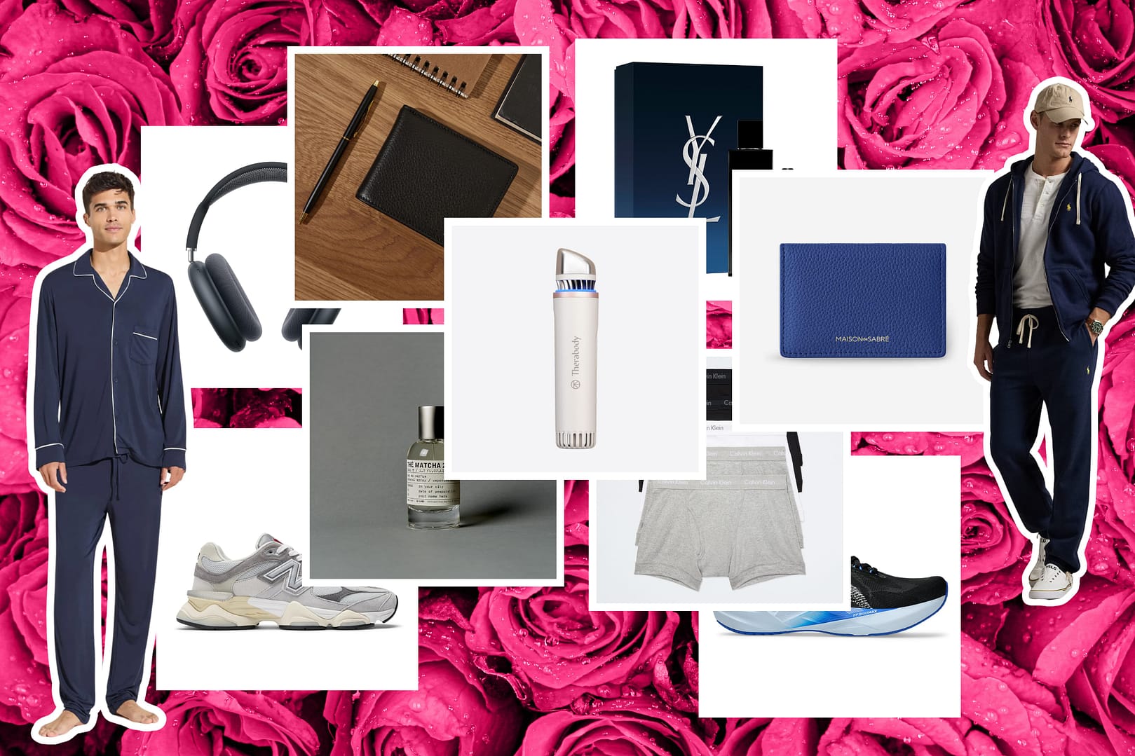 Collage of fashion and lifestyle items on a pink rose background, showcasing the best Valentine’s Day gifts for him, including pajamas, headphones, sneakers, cologne, a wallet, depuffing wand, and men's apparel