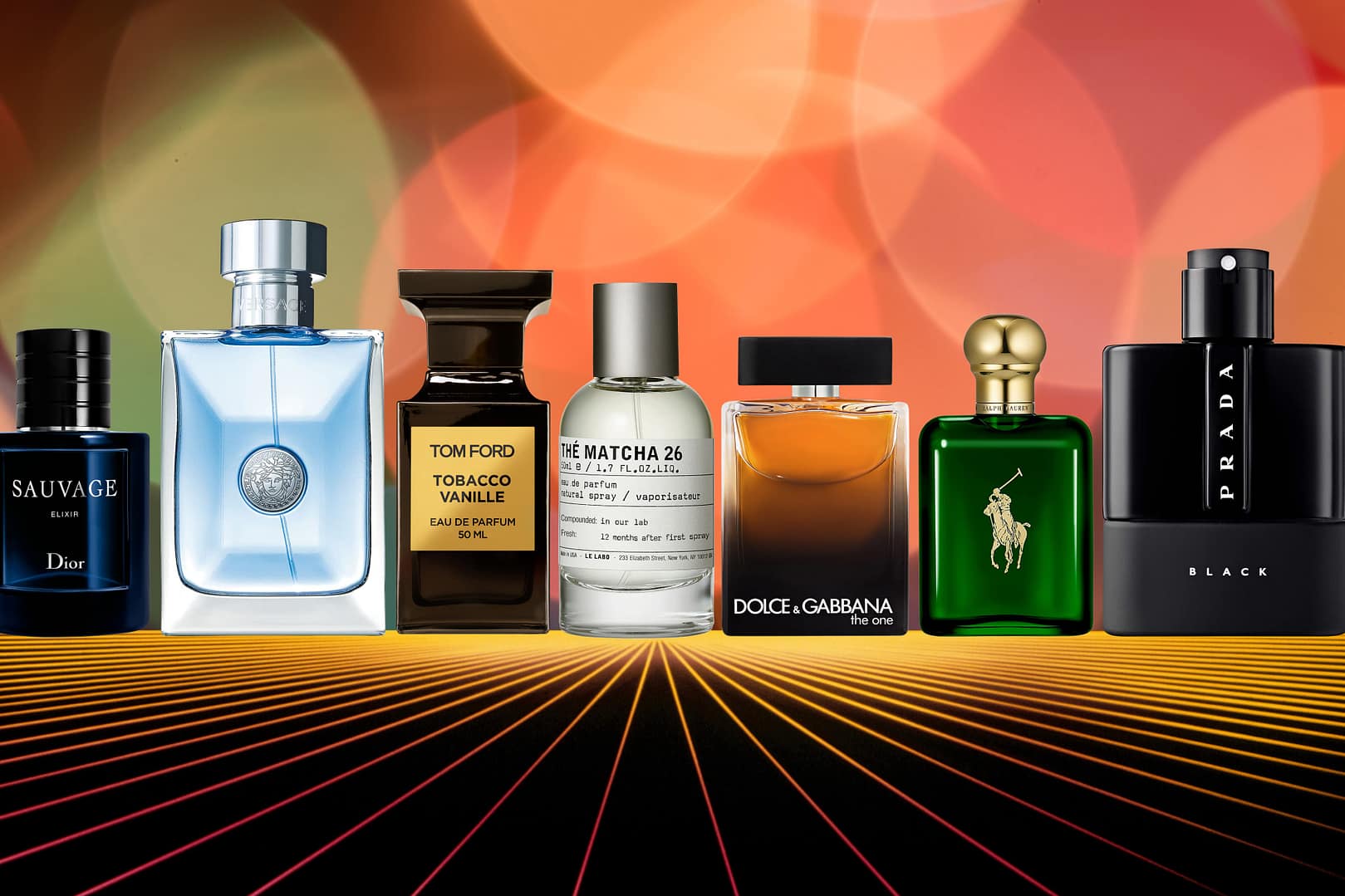 Seven bottles of the Best Colognes for Men from various brands are displayed in a row against a colorful, abstract background with vibrant light streaks
