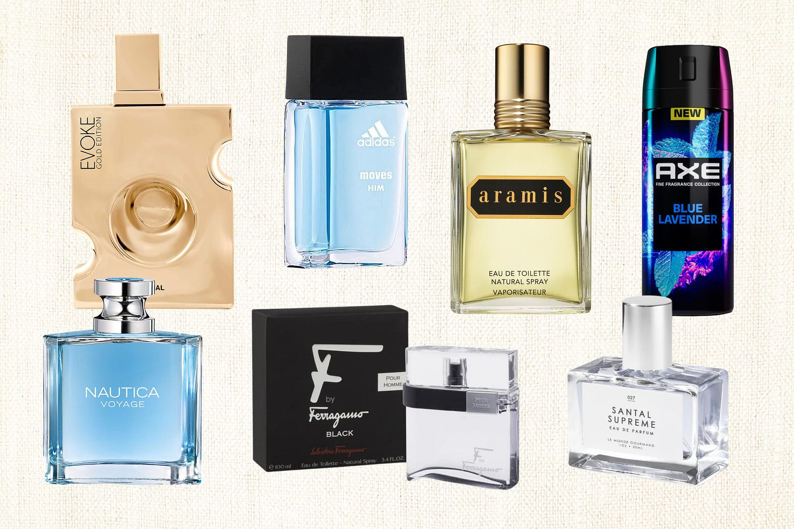 Several men's fragrance bottles, featuring best cheap cologne picks from brands like Aramis, Nautica, Adidas, Axe, and Ferragamo, arranged on a light textured background