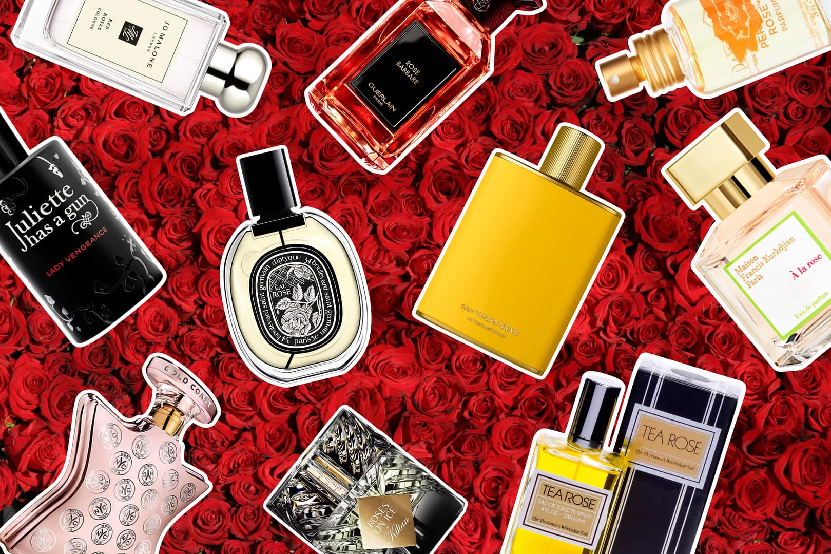 Various rose perfume bottles are arranged on a background of red roses, showcasing different brands and styles of fragrance packaging