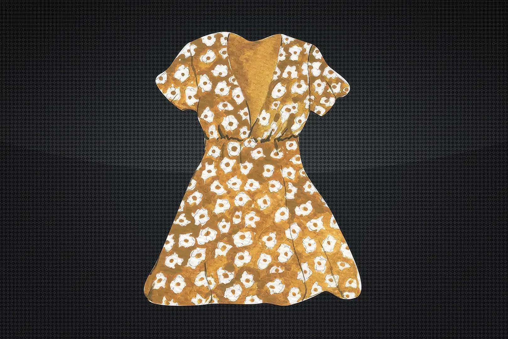 A yellow/white floral summer dress against a black background