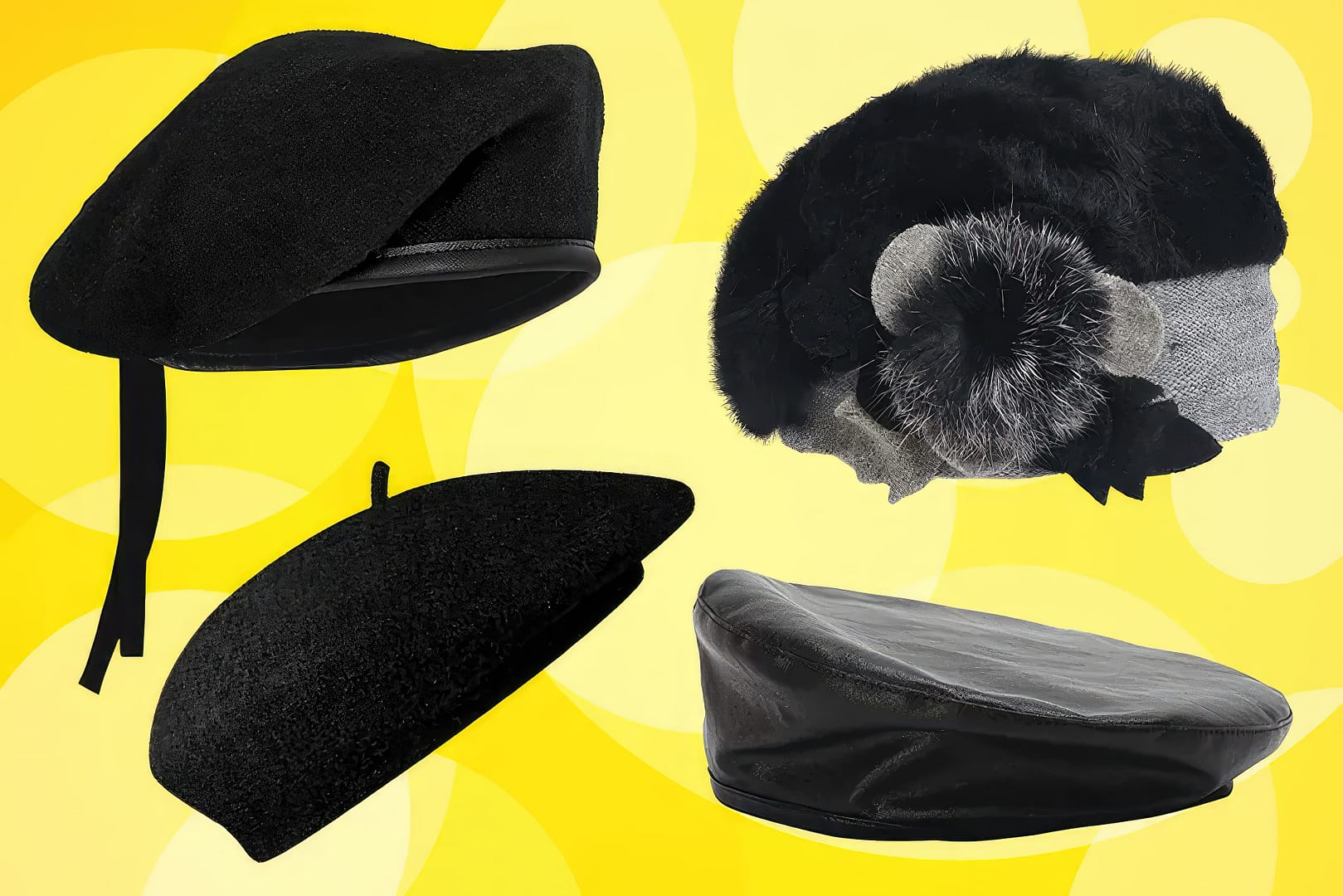 Four black berets on a yellow background, among them a fur hat, a newsboy cap, and a flat cap