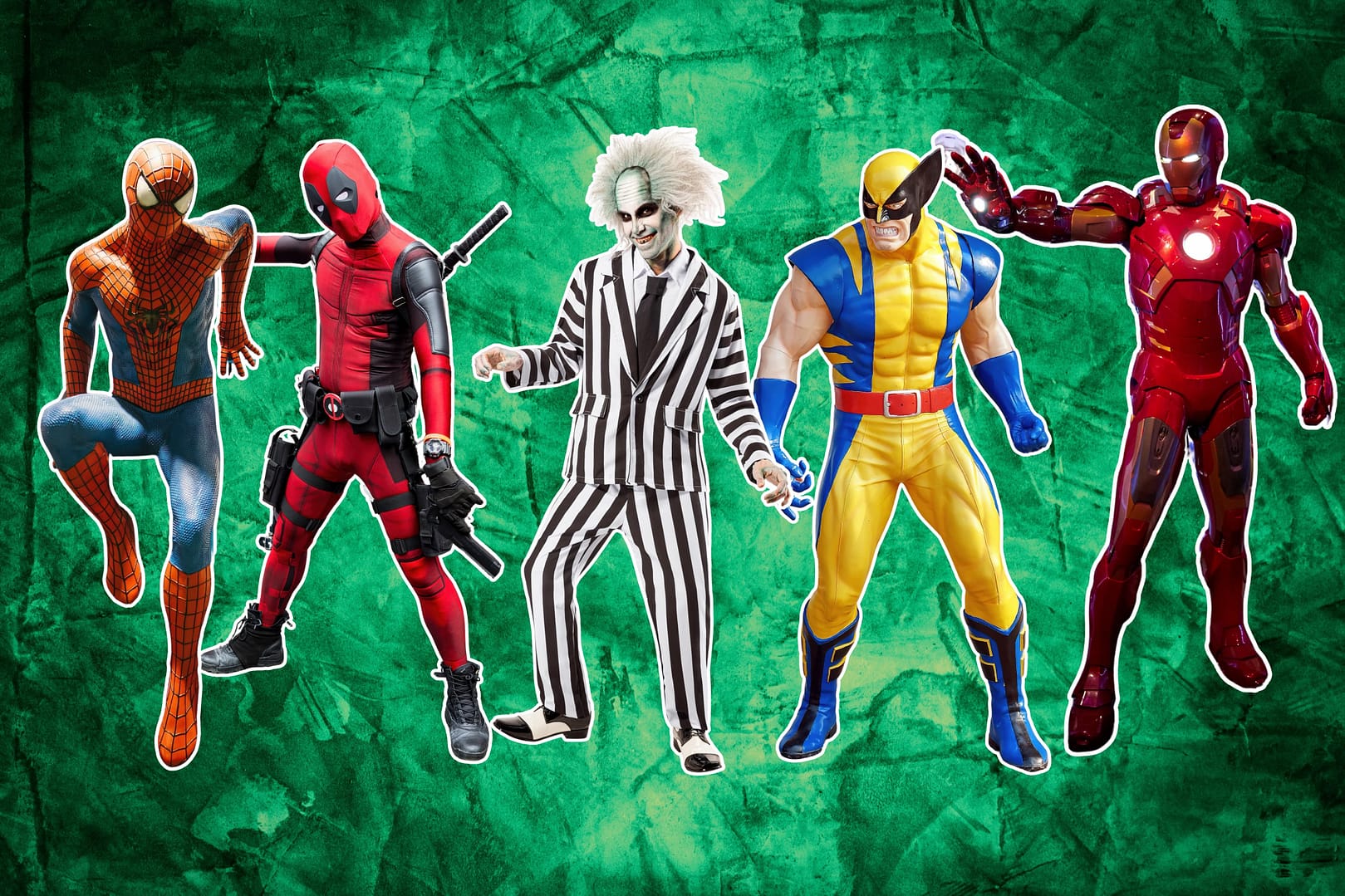Movie characters and superhero figures of Spider-Man, Deadpool, Beetlejuice, Wolverine, and Iron Man posed against a green textured background inspire some of the best Halloween costumes for men