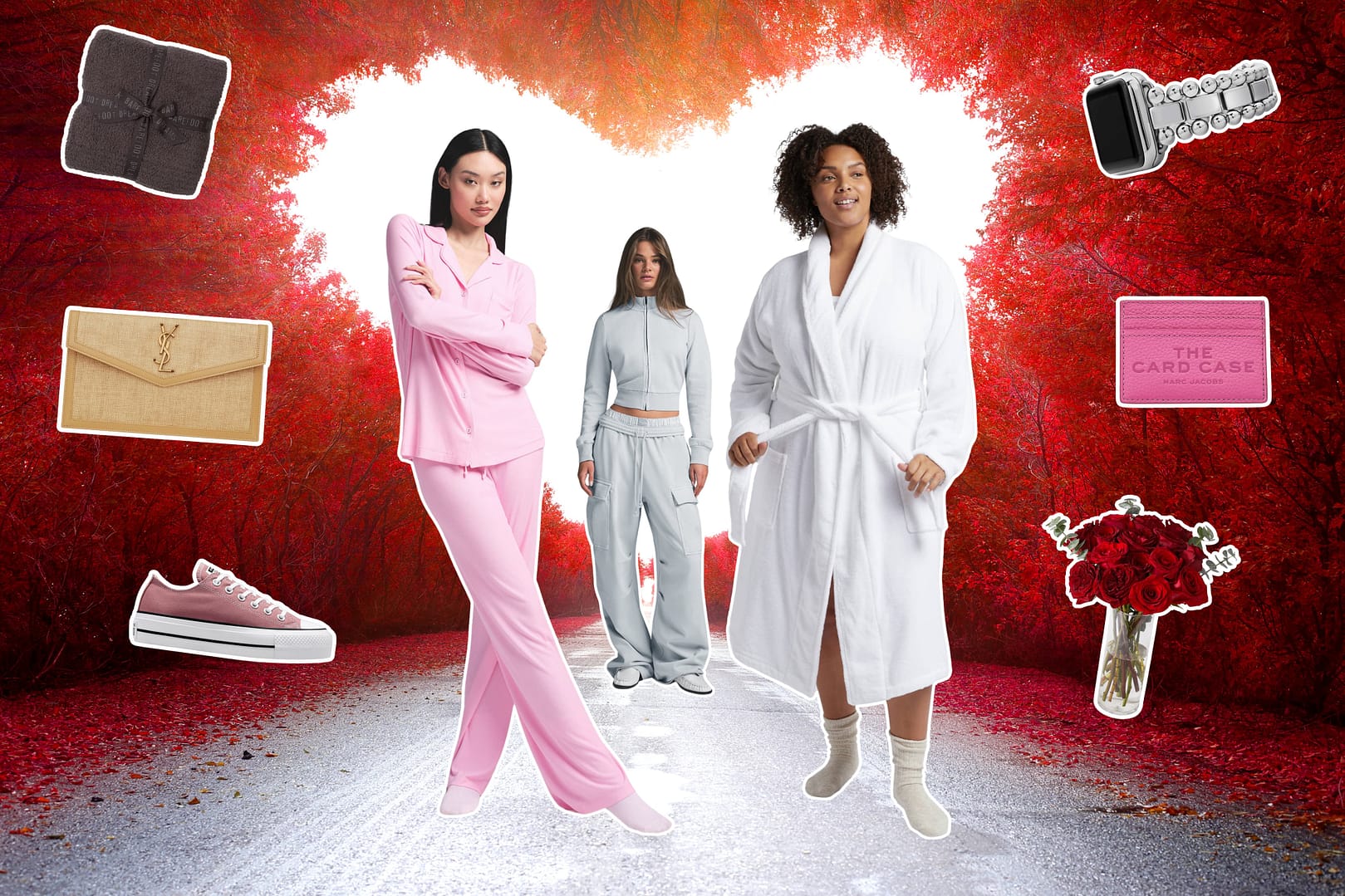 Three women, adorned in diverse outfits, stand on a path framed by a heart-shaped foliage opening. Around them, enchanting items like shoes, a watch, and flowers effortlessly float—among the best Valentine's Day gifts for her