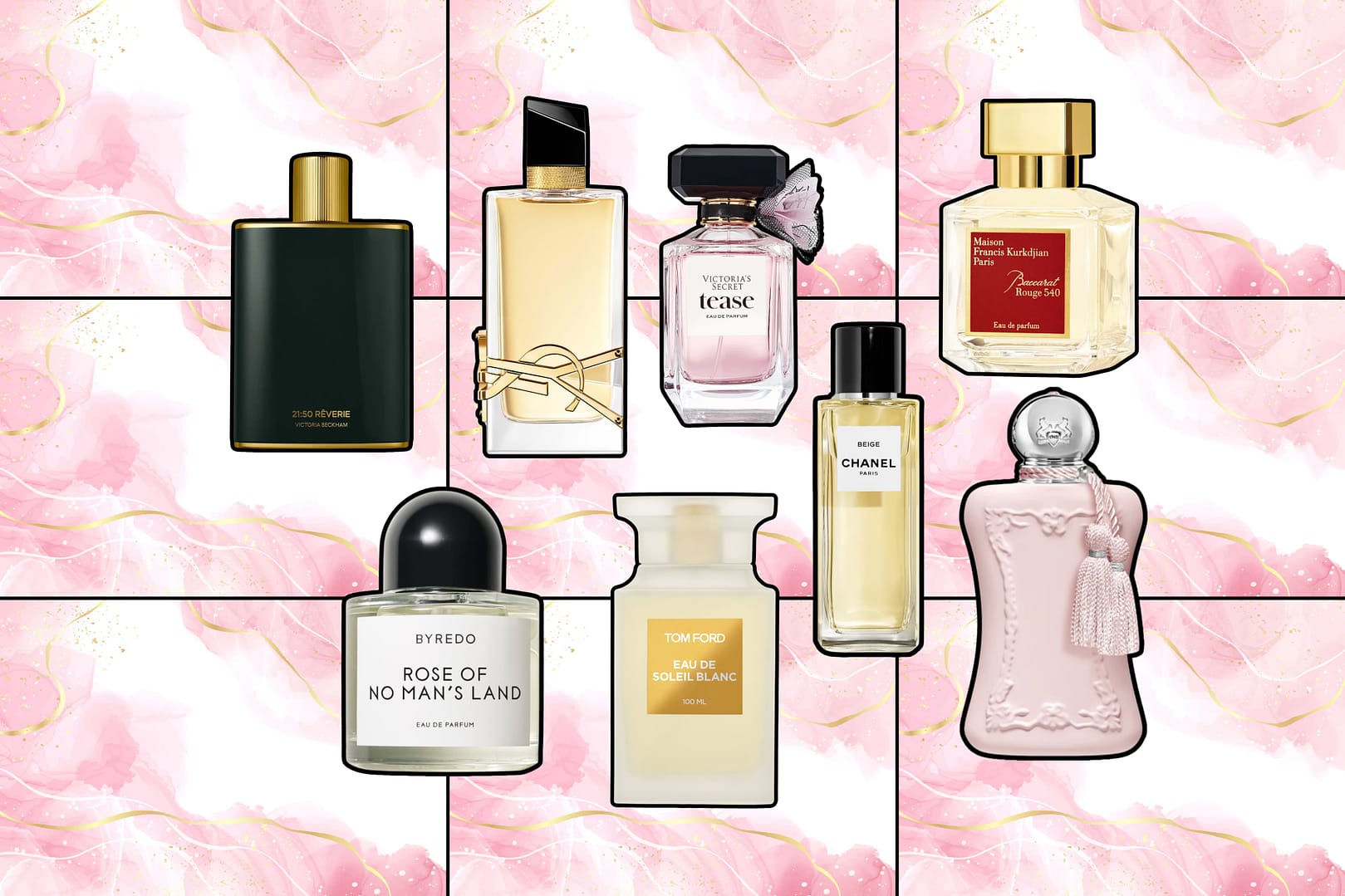 Nine assorted perfume bottles, inspired as the Best Perfumes for Women, are arranged on a pink and white marbled background with gold accents. Each bottle features a unique design and label
