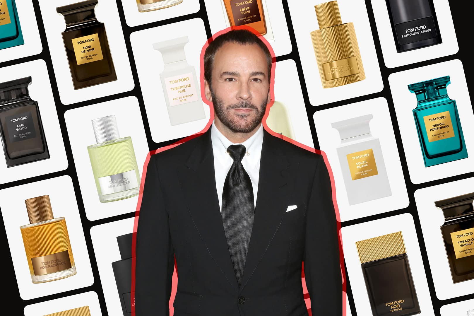 Tom Ford in a suit stands in front of a background featuring an array of the best Tom Ford colognes bottles