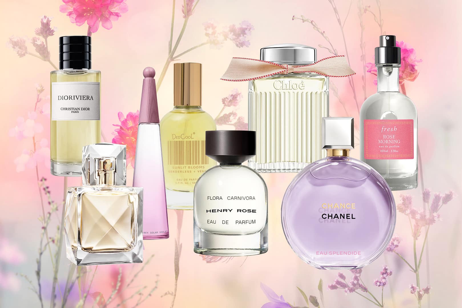 A selection of eight assorted perfume bottles, featuring some of the best floral perfumes, displayed against a pastel floral background