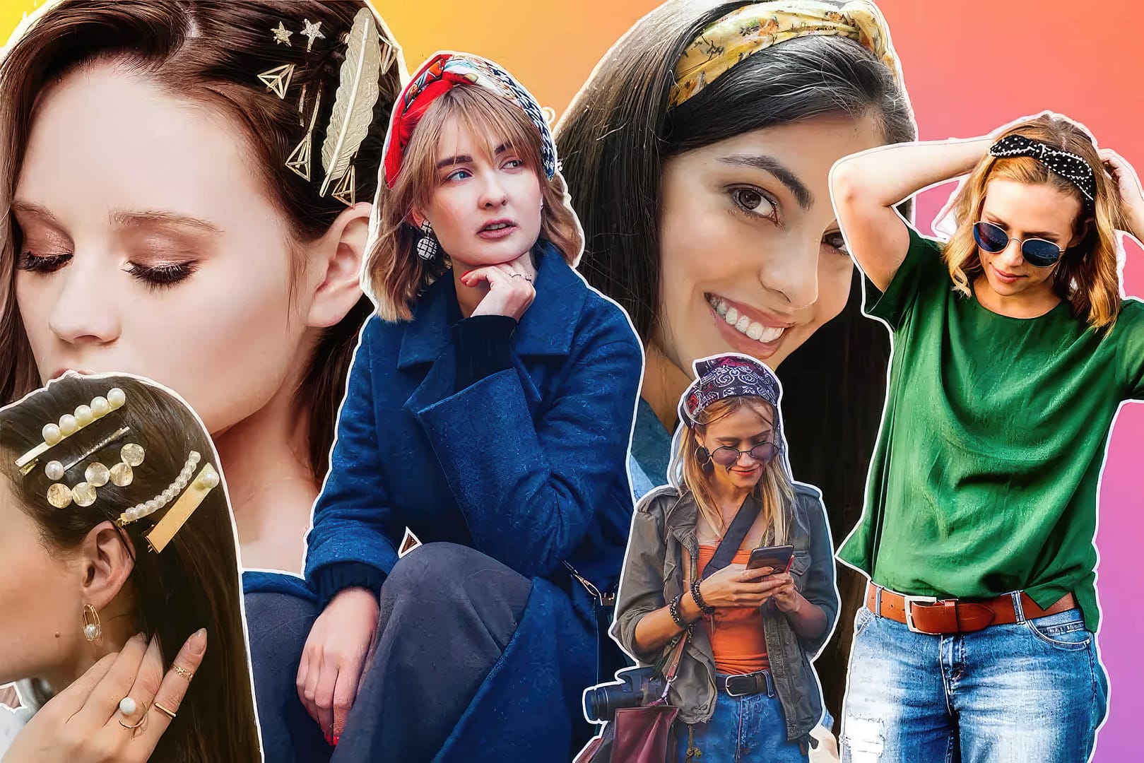 Collage of women wearing various stylish hair accessories and headbands against a colorful background