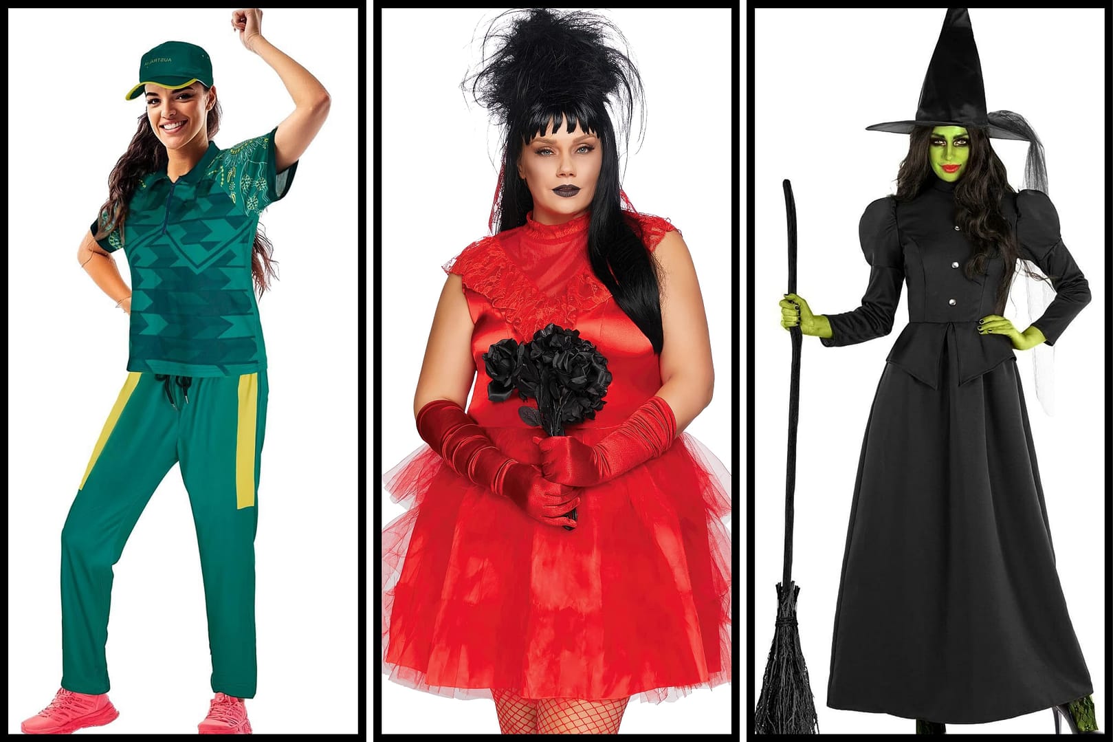 Three people are dressed in different costumes: a sports uniform, a red tutu dress with gloves and a black wig, and one of the best Halloween costumes for women—a witch outfit complete with a broom and green makeup