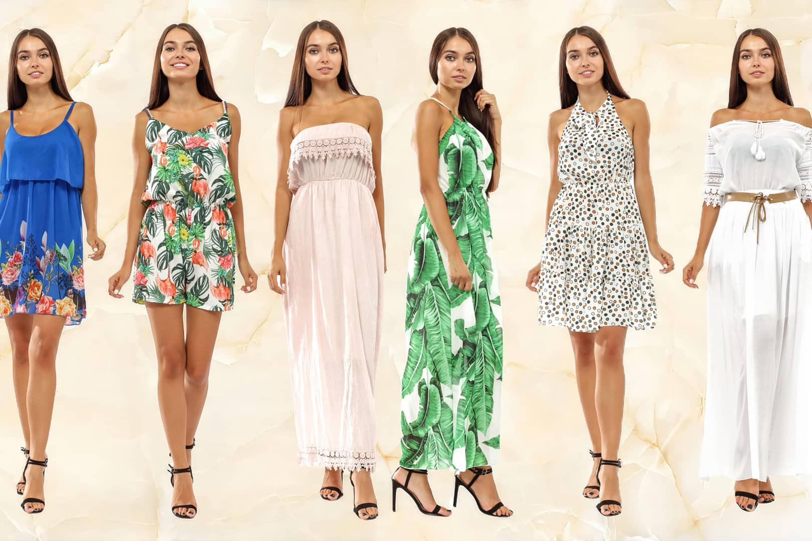 A woman is modeling six different summer dresses: blue, floral, strapless blush, green leaf print, white polka dot, and an off-the-shoulder white dress. She wears black heels with each outfit