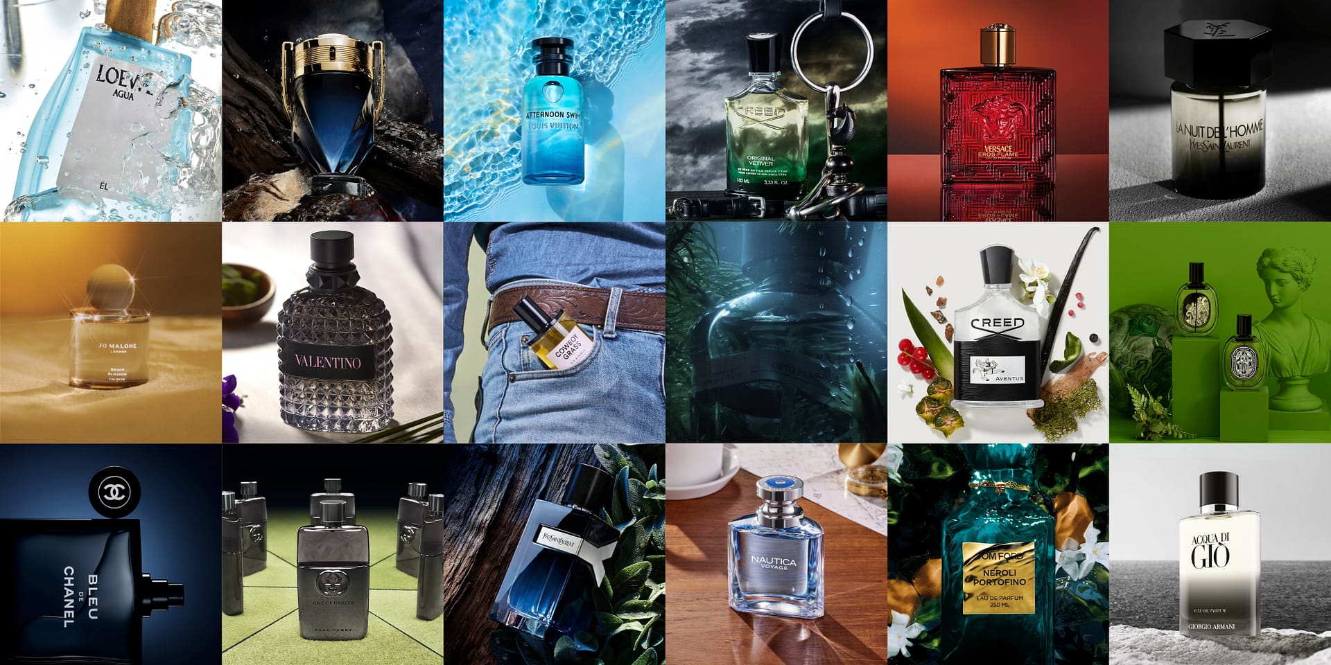 A grid of men's summer colognes and fragrances