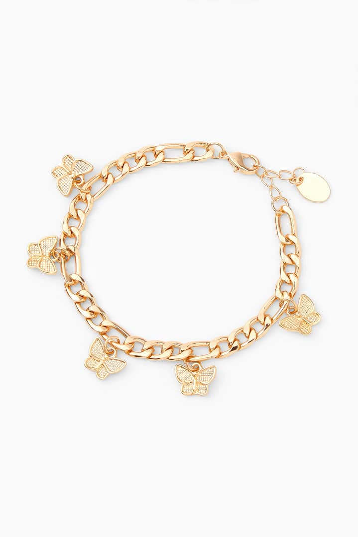 A gold-plated charm bracelet featuring a delicate butterfly design
