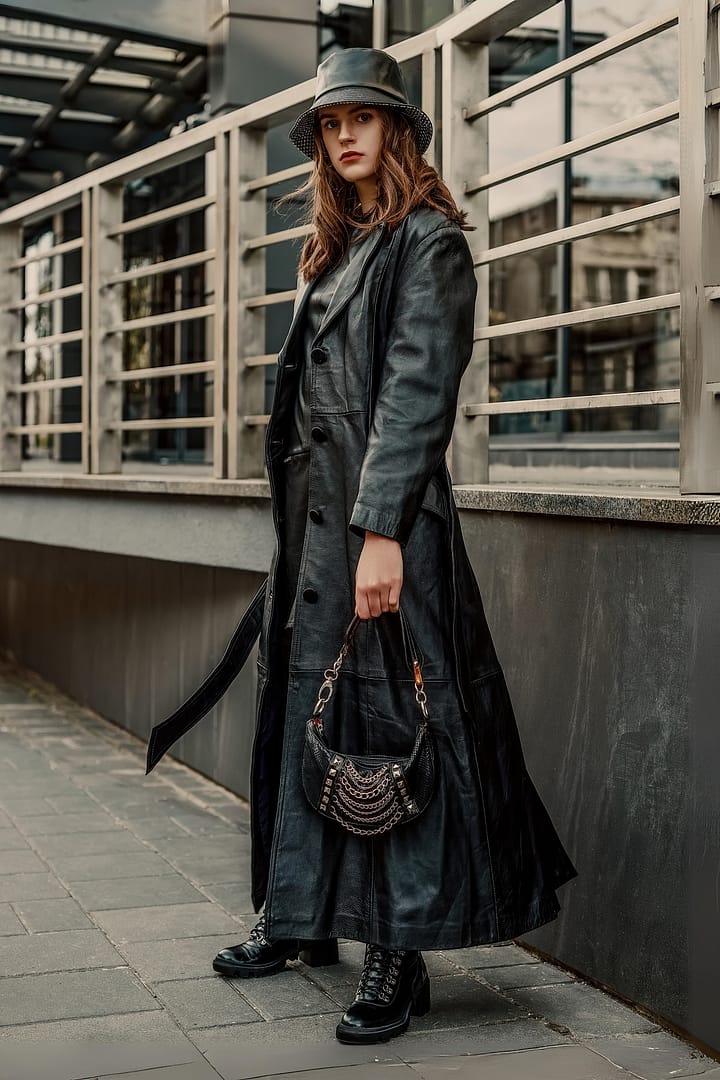 Outdoor full-length fashion portrait of young confident woman wearing long black leather trench coat, bucket hat, lace up ankle boots, holding trendy small handbag, posing in city street