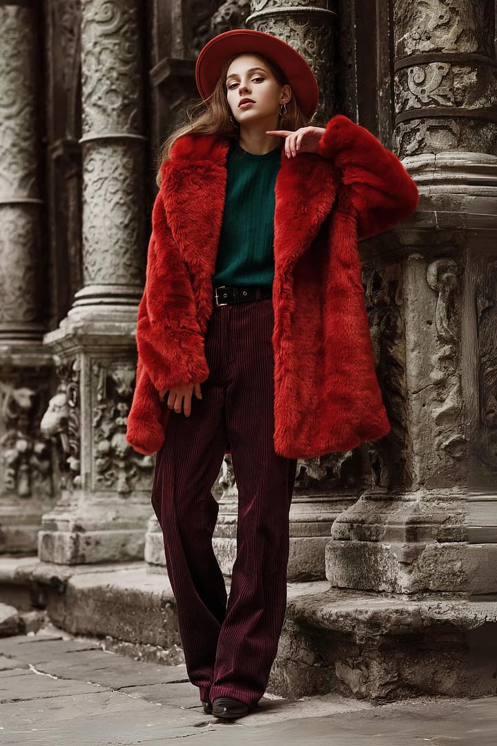 Outdoor full body fashion portrait of young beautiful woman wearing trendy oversized orange faux fur coat, hat, green sweater, stylish high-waisted corduroy trousers, posing in street of european city
