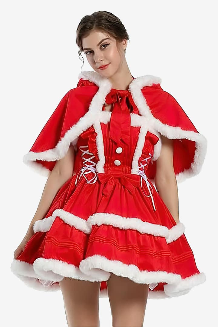 Woman wearing a christmas dress skirt and hooded cloak