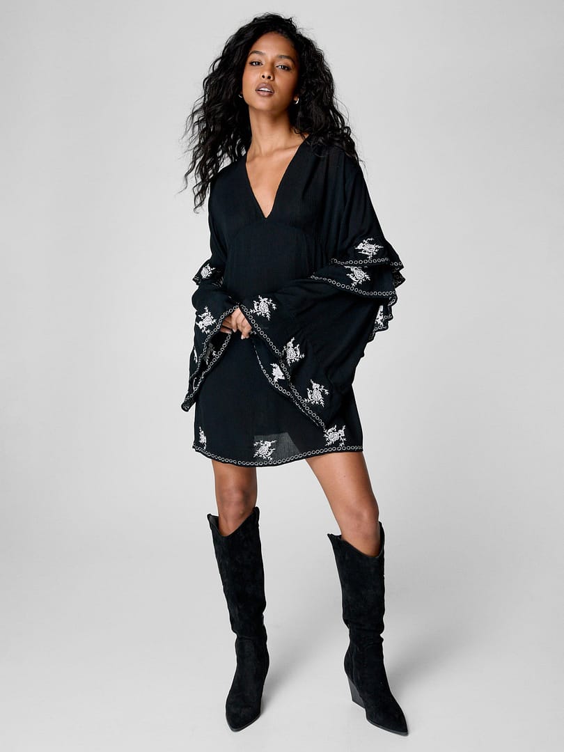 Nasty Gal Crinkle Embroidered Ruffle Sleeve Plunge Tunic Dress