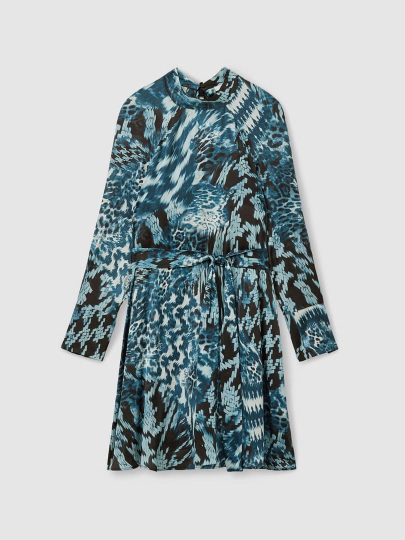 Reiss Ester Teal Printed Belted Tie Neck Mini Dress
