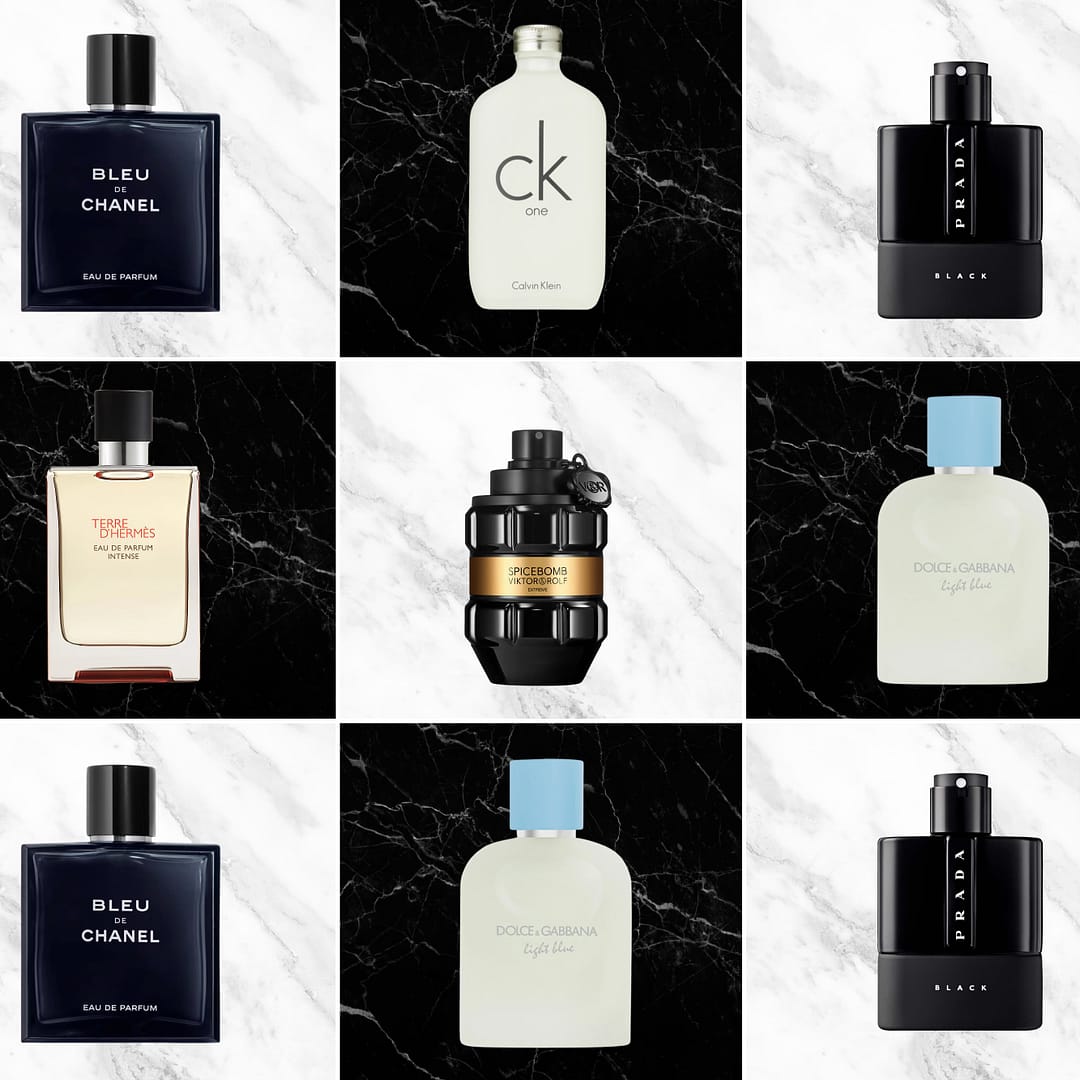 A grid of bottles featuring the Best Colognes for Men—CK One, Bleu de Chanel, Viktor&Rolf Spicebomb Extreme, Terre d’Hermès, Prada Luna Rossa Black, and Dolce & Gabbana Light Blue—artfully arranged on a black and white tiles marble background