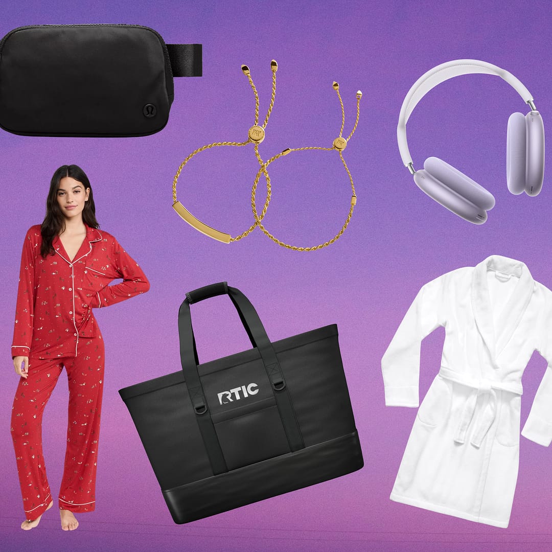 Various items including a pajama set, tote bag, AirPods Max headphones, friendship bracelets, a robe, fanny pack, smart lamp, and water bottle carrier bag with keychain pouch against a purple background