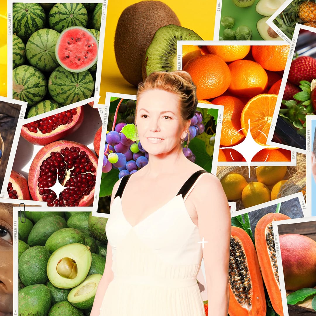 A collage of various fruits including watermelon, oranges, avocados, and strawberries, with two women in the background and Diane Lane in the foreground