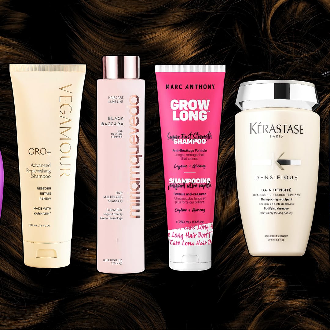 Assortment of six best hair growth shampoos from various brands displayed on a textured, dark hair background