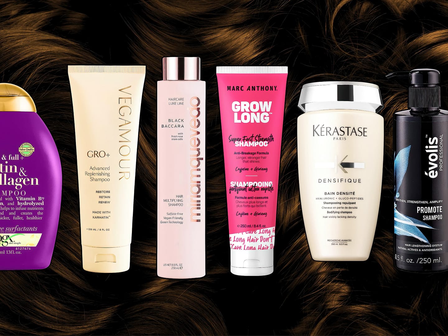 Assortment of six best hair growth shampoos from various brands displayed on a textured, dark hair background
