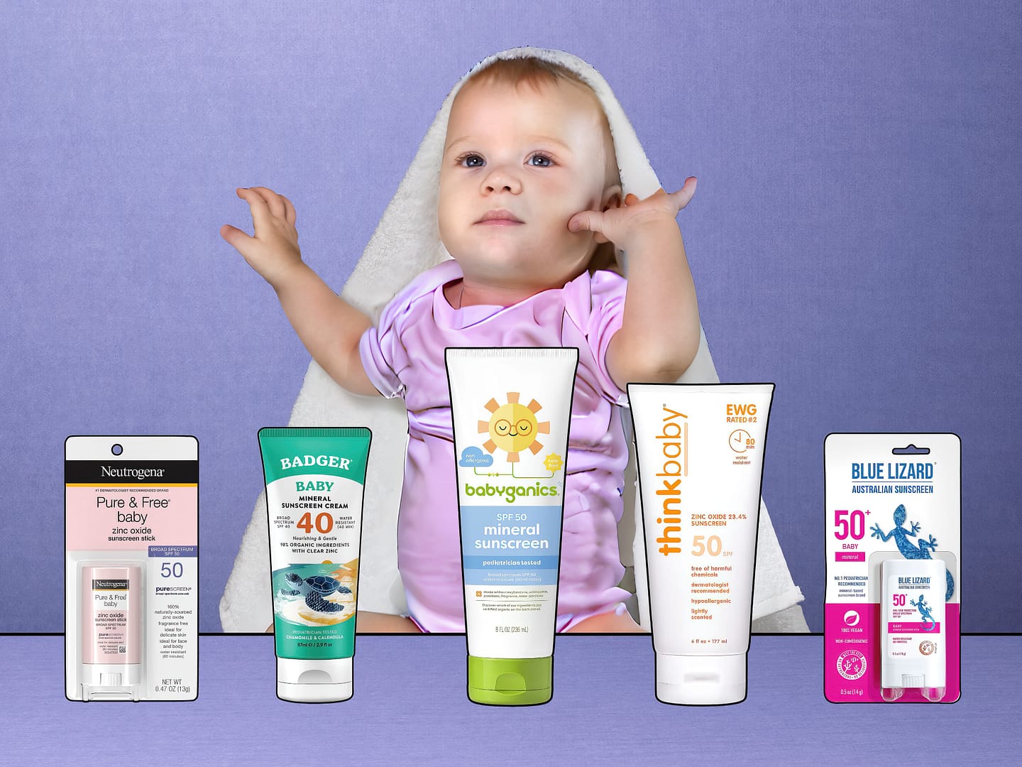 A baby sits under a towel behind five of the best baby sunscreens: Neutrogena, Badger, Babyganics, Thinkbaby, and Blue Lizard, all with SPF ratings ranging from 30 to 50+